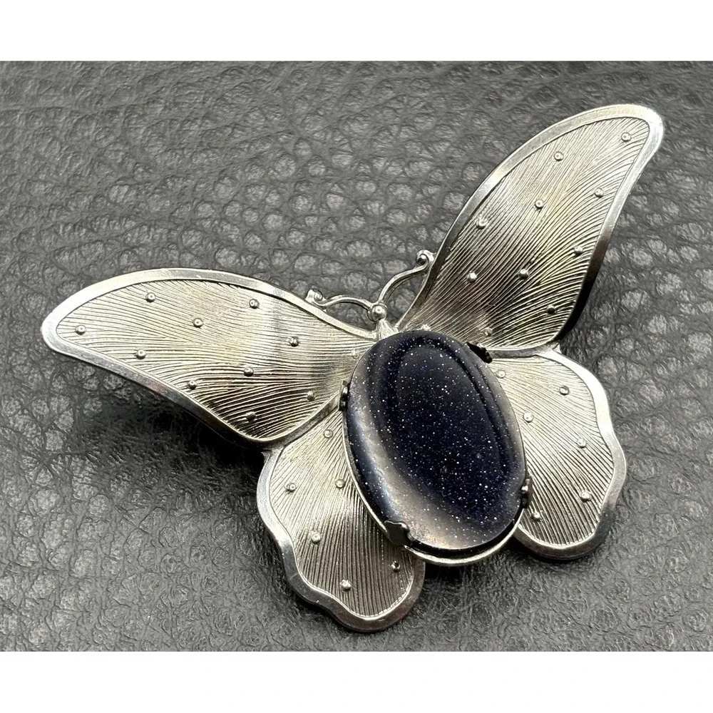 Vintage Silver Tone Butterfly Brooch Pin Dark Blue Goldstone Glitter Cabochons